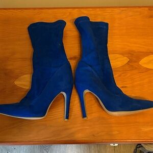 Blue Suede High Heel Sock Boots - Women's Fashion Boots